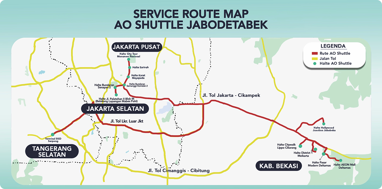 Peta jaringan rute AO Shuttle Jabodetabek