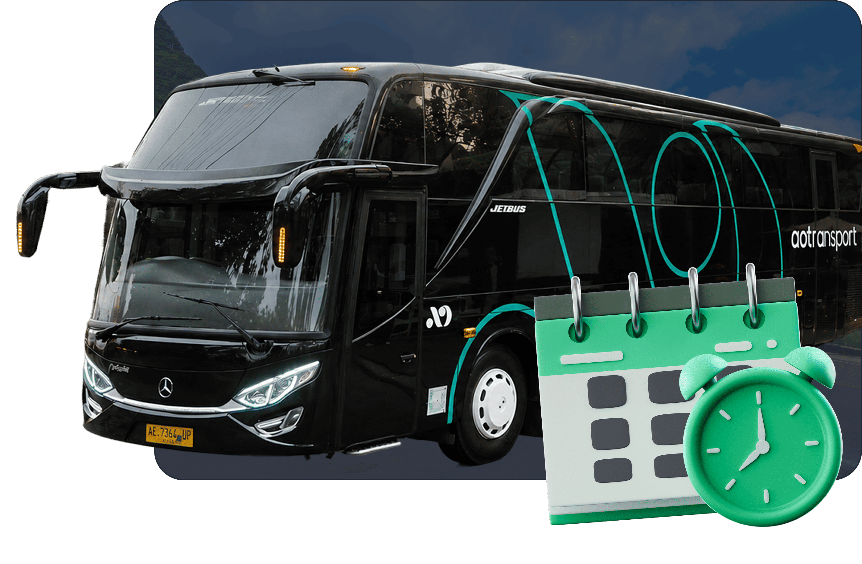 Armada bus AO Transport dengan ilustrasi jadwal